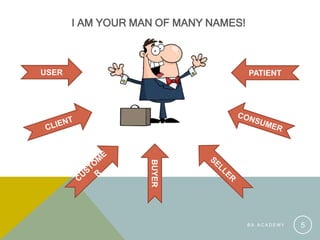 I AM YOUR MAN OF MANY NAMES!
B A A C A D E M Y 5
USER PATIENT
BUYER
 