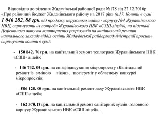 Відповідно до рішення Жидачівської районної ради №178 від 22.12.2016р.
«Про районний бюджет Жидачівського району на 2017 рік» (п.17. Кошти в сумі
1 046 282. 88 грн. від продажу нерухомого майна - корпусу №4 Журавнівського
НВК, спрямувати на потреби Журавнівського НВК «СЗШ-ліцей»), на підставі
Дефектного акту та кошторисних розрахунків на капітальний ремонт
навчального закладу відділ освіти Жидачівської райдержадміністрації просить
спрямувати кошти в сумі:
- 150 842. 70 грн. на капітальний ремонт теплотраси Журавнівського НВК
«СЗШ- ліцей»;
- 146 742. 00 грн. на співфінансування мікропроекту «Капітальний
ремонт із заміною вікон», що переміг у обласному конкурсі
мікропроектів;
- 586 128. 00 грн. на капітальний ремонт даху Журавнівського НВК
«СЗШ-ліцей»;
- 162 570.18 грн. на капітальний ремонт санітарних вузлів головного
корпусу Журавнівського НВК «СЗШ-ліцей».
 