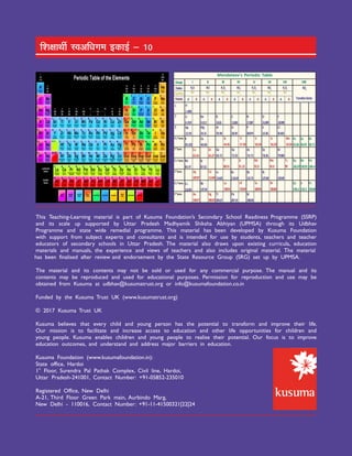 This Teaching-Learning material is part of Kusuma Foundation’s Secondary School Readiness Programme (SSRP)
and its scale up supported by Uttar Pradesh Madhyamik Shiksha Abhiyan (UPMSA) through its Udbhav
Programme and state wide remedial programme. This material has been developed by Kusuma Foundation
with support from subject experts and consultants and is intended for use by students, teachers and teacher
educators of secondary schools in Uttar Pradesh. The material also draws upon existing curricula, education
materials and manuals, the experience and views of teachers and also includes original material. The material
has been finalised after review and endorsement by the State Resource Group (SRG) set up by UPMSA.
The material and its contents may not be sold or used for any commercial purpose. The manual and its
contents may be reproduced and used for educational purposes. Permission for reproduction and use may be
obtained from Kusuma at udbhav@kusumatrust.org or info@kusumafoundation.co.in
Funded by the Kusuma Trust UK (www.kusumatrust.org)
© 2017 Kusuma Trust UK
Kusuma believes that every child and young person has the potential to transform and improve their life.
Our mission is to facilitate and increase access to education and other life opportunities for children and
young people. Kusuma enables children and young people to realise their potential. Our focus is to improve
education outcomes, and understand and address major barriers in education.
Kusuma Foundation (www.kusumafoundation.in):
State office, Hardoi
st
1 Floor, Surendra Pal Pathak Complex, Civil line, Hardoi,
Uttar Pradesh-241001, Contact Number: +91-05852-235010
Registered Office, New Delhi
A-21, Third Floor Green Park main, Aurbindo Marg,
New Delhi - 110016, Contact Number: +91-11-41500321|22|24
 