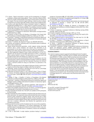 First release: 17 December 2017 www.sciencemag.org (Page numbers not final at time of first release) 8
37. R. Gibson, “Regret minimization in games and the development of champion
multiplayer computer poker-playing agents,” thesis, University of Alberta (2014).
38. There are a number of theoretically correct ways to choose actions on the basis of
their regrets. The most common is regret matching, in which an action is chosen
inproportionto its positiveregret(58).Another commonchoiceis hedge(59, 60).
39. An action a with regret R(a) that is below a threshold C (where C is negative) is
sampled with probability K/[K + C – R(a)], where K is a positive constant. There is
additionally a floor on the sample probability. This sampling is only done for about
the last half of iterations to be run; the first half is conducted using traditional
external-sampling MCCFR. Other formulas can also be used.
40. K. Waugh et al., in Symposium on Abstraction, Reformulation, and Approximation
(SARA) (AAAI Press, 2009).
41. M. Johanson, N. Bard, N. Burch, M. Bowling, in Proceedings of the Twenty-Sixth
AAAI Conference on Artificial Intelligence (AAAI Press, 2012), pp. 1371–1379.
42. S. Ganzfried, T. Sandholm, in International Conference on Autonomous Agents and
Multiagent Systems (AAMAS) (International Foundation for Autonomous Agents
and Multiagent Systems, 2015), pp. 37–45.
43. N. Brown, T. Sandholm, Adv. Neural Inf. Process. Syst. 30, 689–699 (2017).
44. In Libratus, we considered “sufficiently small” to besituations where no additional
bets or raises could be made.
45. Despite lacking theoretical guarantees, unsafe subgame solving empirically
performs well in certain situations and requires less information to be
precomputed. For this reason, Libratus uses it once upon first reaching the third
betting round, while using safe subgame solving in all subsequent situations.
46. We solved augmented subgames using a heavily optimized form of the CFR+
algorithm (22, 61) because of the better performance of CFR+ in small games
where a precise solution is desired. The optimizations we use keep track of all
possible P1 hands rather than dealing out a single one at random.
47. Note that the theorem only assumes perfect recall in the actual game, not in the
abstractionthatis used for computingablueprintstrategy.Furthermore, applying
Estimated-Maxmargin assumes that that subroutine maximizes the minimum
margin; a sufficient condition for doing so is that there is no abstraction in the
subgame.
48. Indeed, the original purpose of safe subgame solving was merely to reduce space
usage by reconstructing subgame strategies rather than storing them.
49. Specifically, Libratus increased or decreased all its bet sizes by a percentage
chosen uniformly at random between 0 and 8%.
50. M. Moravčík, M. Schmid, N. Burch, V. Lisý, D. Morrill, N. Bard, T. Davis, K. Waugh,
M. Johanson, M. Bowling, DeepStack: Expert-level artificial intelligence in heads-
up no-limit poker. Science 356, 508–513 (2017). doi:10.1126/science.aam6960
Medline
51. D. Billings, D. Papp, J. Schaeffer, D. Szafron, in Proceedings of the National
Conference on Artificial Intelligence (AAAI) (AAAI Press, 1998), pp. 493–499.
52. S. Ganzfried, T. Sandholm, in International Conference on Autonomous Agents and
Multiagent Systems (AAMAS) (International Foundation for Autonomous Agents
and Multiagent Systems, 2011).
53. S. Ganzfried, T. Sandholm, Safe opponent exploitation. ACM Transaction on
Economics and Computation (TEAC) 3, 1–28 (2015). doi:10.1145/2716322
54. Based on the available computing resources, we chose k = 3 so that the algorithm
could typically fix three holes to reasonable accuracy in 24 hours.
55. Baby Tartanian8 and all other AIs in the ACPC are available to ACPC participants
for benchmarking.
56. Baby Tartanian8 uses action translation in response to bet sizes that are not in its
action abstraction. Our experiments above demonstrated that action translation
performs poorly compared to subgame solving. Using only bet sizes in Baby
Tartanian8’s abstraction disentangles the effects of action translation from the
improvement of nested subgame solving. Baby Tartanian8 still used actions that
were not in Libratus’s abstraction, and therefore the experiments can be
considered conservative.
57. Because both the humans and the AI adapted over the course of the competition,
treating the hands as independent is not entirely inappropriate. We include
confidence figures to provide some intuition for the variance in HUNL. In any case,
147 mbb/hand over 120,000 hands is considered a massive and unambiguous
victory in HUNL.
58. S. Hart, A. Mas-Colell, A simple adaptive procedure leading to correlated
equilibrium. Econometrica 68, 1127–1150 (2000). doi:10.1111/1468-0262.00153
59. N. Littlestone, M. K. Warmuth, The weighted majority algorithm. Inf. Comput. 108,
212–261 (1994). doi:10.1006/inco.1994.1009
60. Y. Freund, R. Schapire, A decision-theoretic generalization of on-line learning and
an application to boosting. J. Comput. Syst. Sci. 55, 119–139 (1997).
doi:10.1006/jcss.1997.1504
61. M. Johanson, K. Waugh, M. Bowling, M. Zinkevich, in Proceedings of the
International Joint Conference on Artificial Intelligence (IJCAI) (AAAI Press, 2011),
pp. 258–265.
62. L. Kocsis, C. Szepesvári, in European Conference on Maching Learning (ECML)
(Springer, 2006), pp. 282–293.
63. R. Coulom, Computers and Games (Springer, 2007), pp. 72–83.
64. D. E. Knuth, R. W. Moore, An analysis of alpha-beta pruning. Artif. Intell. 6, 293–
326 (1975). doi:10.1016/0004-3702(75)90019-3
65. J. F. Nash, Equilibrium points in n-person games. Proc. Natl. Acad. Sci. U.S.A. 36,
48–49 (1950). doi:10.1073/pnas.36.1.48 Medline
66. N. Brown, T. Sandholm, in Proceedings of the Annual Conference on Neural
Information Processing Systems (NIPS) (2015), pp. 1972–1980.
67. N. Brown, T. Sandholm, in International Conference on Machine Learning
(Proceedings of Machine Learning Research, 2017).
68. S. Ganzfried, T. Sandholm, K. Waugh, in International Conference on Autonomous
Agents and Multiagent Systems (AAMAS) (International Foundation for
Autonomous Agents and Multiagent Systems, 2012), pp. 871–878.
ACKNOWLEDGMENTS
This material is based on research supported by the National Science Foundation
under grants IIS-1718457, IIS-1617590, and CCF-1733556, and by the ARO under
award W911NF-17-1-0082, as well as XSEDE computing resources provided by
the Pittsburgh Supercomputing Center. The Brains vs. AI competition was
sponsored by Carnegie Mellon University, Rivers Casino, GreatPoint Ventures,
Avenue4Analytics, TNG Technology Consulting, Artificial Intelligence, Intel, and
Optimized Markets, Inc. We thank Ben Clayman for computing statistics of the
play of our AIs against humans. The data presented in this paper are shown in
the main text and supplementary material. Additional data can be obtained from
the corresponding author upon request. Because HUNL poker is played
commercially, the risk associated with releasing the code outweighs the
benefits. To aid reproducibility, we have included the pseudo-code for the major
components of our program in (4). The technology has been exclusively licensed
to Strategic Machine, Inc., and the authors have ownership interest in the
company.
SUPPLEMENTARY MATERIALS
www.sciencemag.org/cgi/content/full/science.aao1733/DC1
Supplementary text
Figs. S1 and S2
Table S1
References (62–68)
22 June 2017; accepted 12 December 2017
Published online 17 December 2017
10.1126/science.aao1733
onDecember17,2017http://science.sciencemag.org/Downloadedfrom
 