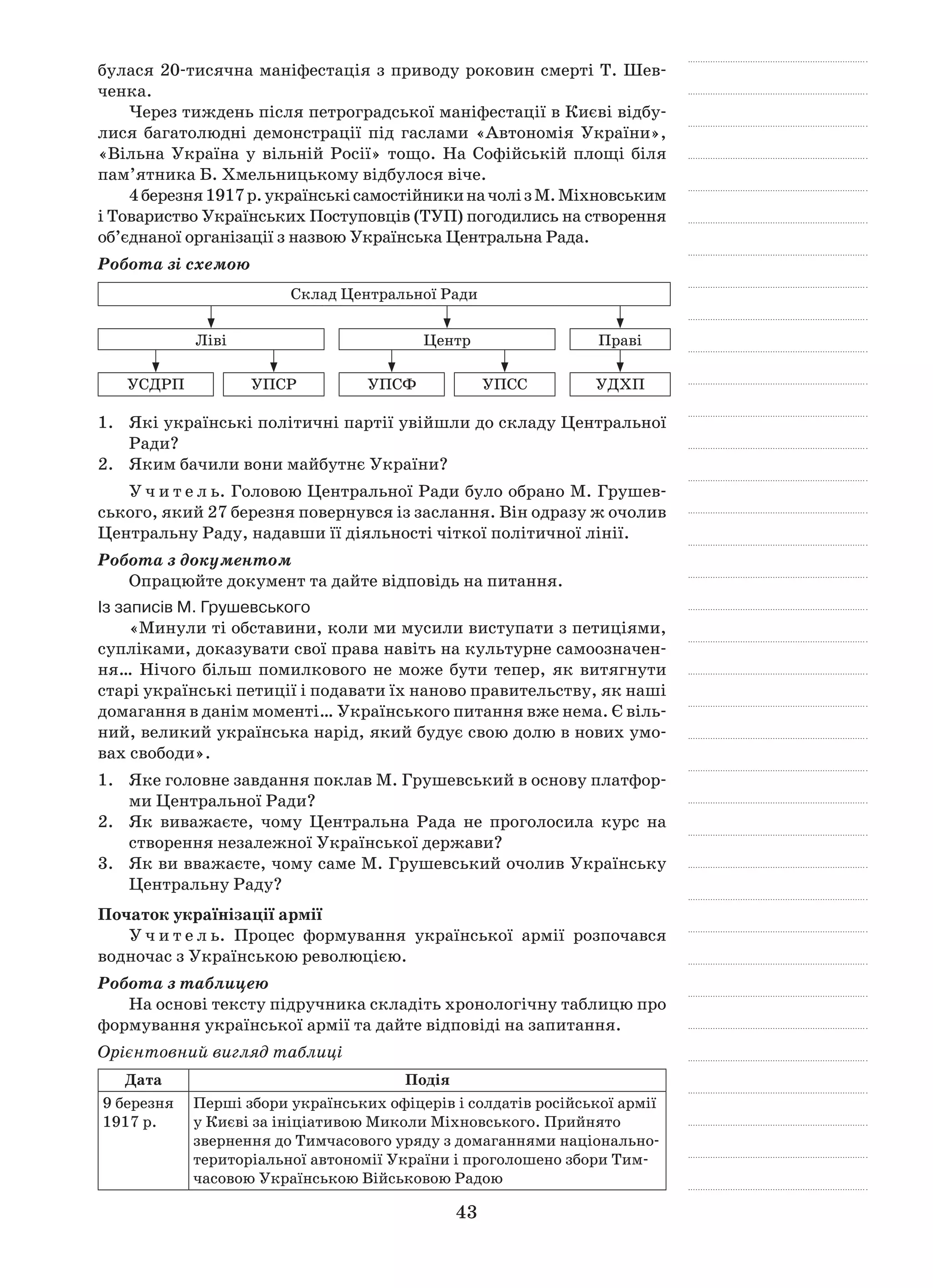 43
булася 20-тисячна маніфестація з приводу роковин смерті Т. Шев-
ченка.
Через тиждень після петроградської маніфестації в Києві відбу-
лися багатолюдні демонстрації під гаслами «Автономія України»,
«Вільна Україна у  вільній Росії» тощо. На Софійській площі біля
пам’ятника Б. Хмельницькому відбулося віче.
4 березня1917 р.українськісамостійникиначоліз М.Міхновським
і Товариство Українських Поступовців (ТУП) погодились на створення
об’єднаної організації з назвою Українська Центральна Рада.
Робота зі схемою
Склад Центральної Ради
Ліві Центр Праві
УСДРП УПСР УПСФ УПСС УДХП
1.	 Які українські політичні партії увійшли до складу Центральної
Ради?
2.	 Яким бачили вони майбутнє України?
У ч и т е л ь. Головою Центральної Ради було обрано М. Грушев-
ського, який 27 березня повернувся із заслання. Він одразу ж очолив
Центральну Раду, надавши її ді­яльності чіткої політичної лінії.
Робота з документом
Опрацюйте документ та дайте відповідь на питання.
Із записів М. Грушевського
«Минули ті обставини, коли ми мусили висту­пати з петиціями,
супліками, доказувати свої права навіть на культурне самоозначен-
ня… Ні­чого більш помилкового не може бути тепер, як витягнути
старі ук­раїнські петиції і подавати їх наново правительству, як наші
домагання в данім моменті… Ук­раїнського питання вже нема. Є віль-
ний, великий українська нарід, який будує свою долю в нових умо-
вах свободи».
1.	 Яке головне завдання поклав М. Грушевський в основу платфор-
ми Центральної Ради?
2.	 Як виважаєте, чому Центральна Рада не проголосила курс на
створення незалежної Української держави?
3.	 Як ви вважаєте, чому саме М. Грушевський очолив Українську
Центральну Раду?
Початок українізації армії
У ч и т е л ь. Процес формування української армії розпочався
водночас з Українською революцією.
Робота з таблицею
На основі тексту підручника складіть хронологічну таблицю про
формування української армії та дайте відповіді на запитання.
Орієнтовний вигляд таблиці
Дата Подія
9 березня
1917 р.
Перші збори українських офіцерів і солдатів російської армії
у Києві за ініціативою Миколи Міхновського. Прийнято
звернення до Тимчасового уряду з домаганнями національно-
територіальної автономії України і проголошено збори Тим-
часовою Українською Військовою Радою
 