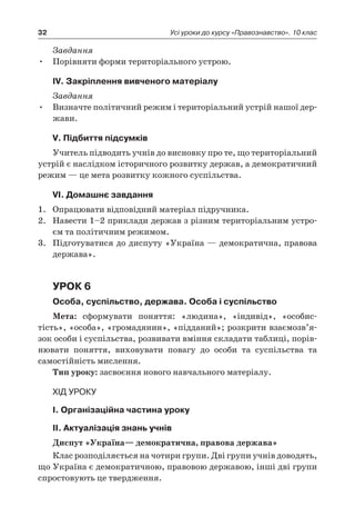 32 Усі уроки до курсу «Правознавство». 10 клас
Завдання
Порівняти форми територіального устрою.•	
ІV. Закріплення вивченого матеріалу
Завдання
Визначте політичний режим і територіальний устрій нашої дер-•	
жави.
V. Підбиття підсумків
Учитель підводить учнів до висновку про те, що територіальний
устрій є наслідком історичного розвитку держав, а демократичний
режим — це мета розвитку кожного суспільства.
VІ. Домашнє завдання
1.	 Опрацювати відповідний матеріал підручника.
2.	 Навести 1–2 приклади держав з різним територіальним устро-
єм та політичним режимом.
3.	 Підготуватися до диспуту «Україна — демократична, правова
держава».
Урок 6
Особа, суспільство, держава. Особа і суспільство
Мета: сформувати поняття: «людина», «індивід», «особис-
тість», «особа», «громадянин», «підданий»; розкрити взаємозв’я­
зок особи і суспільства, розвивати вміння складати таблиці, порів-
нювати поняття, виховувати повагу до особи та суспільства та
самостійність мислення.
Тип уроку: засвоєння нового навчального матеріалу.
Хід уроку
І. Організаційна частина уроку
ІI. Актуалізація знань учнів
Диспут «Україна— демократична, правова держава»
Клас розподіляється на чотири групи. Дві групи учнів доводять,
що Україна є демократичною, правовою державою, інші дві групи
спростовують це твердження.
 