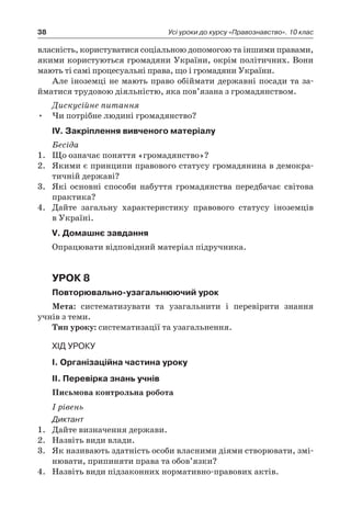 38 Усі уроки до курсу «Правознавство». 10 клас
власність, користуватися соціальною допомогою та іншими правами,
якими користуються громадяни України, окрім політичних. Вони
мають ті самі процесуальні права, що і громадяни України.
Але іноземці не мають право обіймати державні посади та за-
йматися трудовою діяльністю, яка пов’язана з громадянством.
Дискусійне питання
Чи потрібне людині громадянство?•	
ІV. Закріплення вивченого матеріалу
Бесіда
1.	 Що означає поняття «громадянство»?
2.	 Якими є принципи правового статусу громадянина в демокра-
тичній державі?
3.	 Які основні способи набуття громадянства передбачає світова
практика?
4.	 Дайте загальну характеристику правового статусу іноземців
в Україні.
V. Домашнє завдання
Опрацювати відповідний матеріал підручника.
Урок 8
Повторювально-узагальнюючий урок
Мета: систематизувати та узагальнити і  перевірити знання
учнів з теми.
Тип уроку: систематизації та узагальнення.
Хід уроку
І. Організаційна частина уроку
ІІ. Перевірка знань учнів
Письмова контрольна робота
І рівень
Диктант
1.	 Дайте визначення держави.
2.	 Назвіть види влади.
3.	 Як називають здатність особи власними діями створювати, змі-
нювати, припиняти права та обов’язки?
4.	 Назвіть види підзаконних нормативно-правових актів.
 