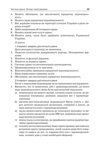 39Частина перша. Основи теорії держави
5.	 Назвіть обставини, що виключають юридичну відповідаль-
ність.
6.	 Назвіть види юридичної відповідальності.
7.	 Які держави існували на території сучасної України в різні пе-
ріоди історії?
8.	 Дайте визначення об’єктивного права.
9.	 Назвіть відомі вам галузі права.
10.	Назвіть роки, коли було прийнято конституції Радянської
України.
ІІ рівень
1-й варіант завдань достатнього рівня
Дати розгорнуті відповіді на запитання.
1.	 Людське суспільство додержавного періоду. Походження дер-
жави.
2.	 Поняття та функції держави.
3.	 Поняття та джерела права.
4.	 Система права та систематизація законодавства.
5.	 Правопорушення та їх причини.
6.	 Конституційні принципи юридичної відповідальності.
7.	 Види нормативно-правових актів.
8.	 Обставини, що виключають юридичну відповідальність.
2-й варіант завдань достатнього рівня
Тести з короткими відповідями та на визначення послідовності.
1.	 Визначте, які із зазначених дій є правопорушенням, до якого
виду відповідальності може бути притягнутий порушник:
а)	 незважаючи на вимогу матері, хлопець пішов гуляти, не ви-
конавши попередньо домашнє завдання (не є  правопору-
шенням);
б)	 дівчина-дев’ятикласниця відмовилася брати участь у  збо-
рах дитячої громадської організації, створеної в школі, де
вона навчається (не є правопорушенням);
в)	 група юнаків вночі проникла до сільського магазину та ви-
крала звідти продукти на суму 500 грн. (кримінальне право-
порушення (злочин));
г)	 жінка їхала в електричці, не придбавши квиток (адміністра-
тивне правопорушення);
д)	 чоловік застосував належну йому зареєстровану мисливську
рушницю проти громадянина, який зламав двері його квар-
тири та вдерся до неї, та поранив його (не є правопорушен-
ням, чоловік діяв у стані необхідної оборони).
 