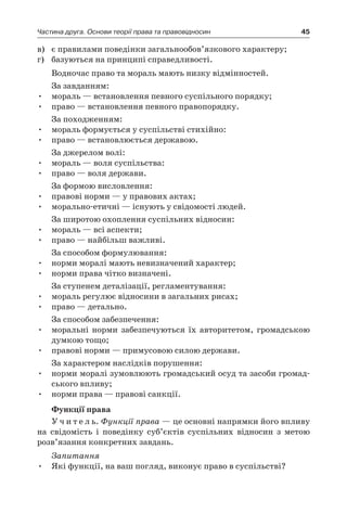 45Частина друга. Основи теорії права та правовідносин
в)	 є правилами поведінки загальнообов’язкового характеру;
г)	 базуються на принципі справедливості.
Водночас право та мораль мають низку відмінностей.
За завданням:
мораль — встановлення певного суспільного порядку;•	
право — встановлення певного правопорядку.•	
За походженням:
мораль формується у суспільстві стихійно:•	
право — встановлюється державою.•	
За джерелом волі:
мораль — воля суспільства:•	
право — воля держави.•	
За формою висловлення:
правові норми — у правових актах;•	
морально-етичні — існують у свідомості людей.•	
За широтою охоплення суспільних відносин:
мораль — всі аспекти;•	
право — найбільш важливі.•	
За способом формулювання:
норми моралі мають невизначений характер;•	
норми права чітко визначені.•	
За ступенем деталізації, регламентування:
мораль регулює відносини в загальних рисах;•	
право — детально.•	
За способом забезпечення:
моральні норми забезпечуються їх авторитетом, громадською•	
думкою тощо;
правові норми — примусовою силою держави.•	
За характером наслідків порушення:
норми моралі зумовлюють громадський осуд та засоби громад-•	
ського впливу;
норми права — правові санкції.•	
Функції права
У ч и т е л ь. Функції права — це основні напрямки його впливу
на свідомість і  поведінку суб’єктів суспільних відносин з  метою
розв’язання конкретних завдань.
Запитання
Які функції, на ваш по•	 гляд, виконує право в суспільстві?
 