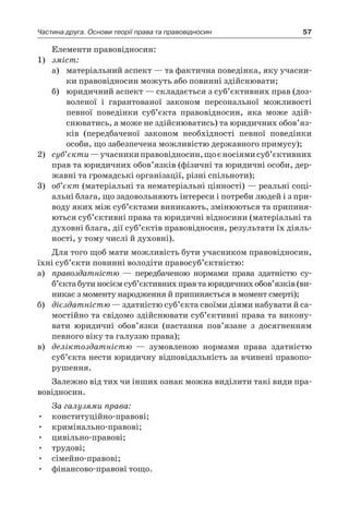 57Частина друга. Основи теорії права та правовідносин
Елементи правовідносин:
1)	 зміст:
а)	 матеріальний аспект — та фактична поведінка, яку учасни-
ки правовідносин можуть або повинні здійснювати;
б)	 юридичний аспект — складається з суб’єктивних прав (доз­
воленої і  гарантованої законом персональної можливості
певної поведінки суб’єкта правовідносин, яка може здій-
снюватись, а може не здійснюватись) та юридичних обов’яз­
ків (передбаченої законом необхідності певної поведінки
особи, що забезпечена можливістю державного примусу);
2)	 суб’єкти—учасникиправовідносин,щоє носіямисуб’єктивних
прав та юридичних обов’язків (фізичні та юридичні особи, дер-
жавні та громадські організації, різні спільноти);
3)	 об’єкт (матеріальні та нематеріальні цінності) — реальні соці-
альні блага, що задовольняють інтереси і потреби людей і з при-
воду яких між суб’єктами виникають, змінюються та припиня-
ються суб’єктивні права та юридичні відносини (матеріальні та
духовні блага, дії суб’єктів правовідносин, результати їх діяль-
ності, у тому числі й духовні).
Для того щоб мати можливість бути учасником правовідносин,
їхні суб’єкти повинні володіти правосуб’єктністю:
а)	 правоздатністю — передбаченою нормами права здатністю су­
б’єк­та бути носієм суб’єктивних прав та юридичних обов’язків (ви-
никає з моменту народження й припиняється в момент смерті);
б)	 дієздатністю — здатністю суб’єкта своїми діями набувати й са-
мостійно та свідомо здійснювати суб’єктивні права та викону-
вати юридичні обов’язки (настання пов’язане з  досягненням
певного віку та галуззю права);
в)	 деліктоздатністю — зумовленою нормами права здатністю
су­б’єкта нести юридичну відповідальність за вчинені правопо-
рушення.
Залежно від тих чи інших ознак можна виділити такі види пра-
вовідносин.
За галузями права:
конституційно-правові;•	
кримінально-правові;•	
цивільно-правові;•	
трудові;•	
сімейно-правові;•	
фінансово-правові тощо.•	
 