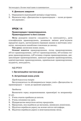 63Частина друга. Основи теорії права та правовідносин
V. Домашнє завдання
1.	 Опрацювати відповідний матеріал підручника.
2.	 Написати твір: «Дисципліна та правопорядок — шлях до право-
вої держави».
Урок 14
Правопорядок і правопорушення.
Правопорушення та його ознаки
Мета: розкрити поняття «осудність» та «неосудність», дати
кла­сифікацію правопорушень, розвивати вміння розв’язувати
юридичні задачі, застосовувати отримані знання в життєвих ситу-
аціях, виховувати шанобливе ставлення до закону.
Тип уроку: засвоєння нових знань.
Основні поняття: правопорушення, склад правопорушення,
об’єкт правопорушення, суб’єкт правопорушення, об’єктивна сто-
рона правопорушення, суб’єктивна сторона правопорушення, дис-
циплінарне правопорушення, цивільно-правове правопорушення,
адміністративне правопорушення, кримінальне правопорушення,
осудність, неосудність.
Хід уроку
I. Організаційна частина уроку
ІI. Актуалізація знань учнів
Представлення творів
Заслуховуються та обговорюються твори учнів «Дисципліна та
правопорядок — шлях до правової держави».
Завдання
Визначити серед запропонованих правомірні та неправомір-
ні дії.
1.	 Учень вчасно прийшов до школи.
2.	 Учень спізнився на урок.
3.	 Підприємство випустило якісну продукцію.
4.	 Продукція, яка надійшла до магазина, виявилась неякісною.
5.	 Підлітки перейшли дорогу на зелене світло світлофора.
6.	 Підлітки перейшли дорогу в невстановленому місці.
 