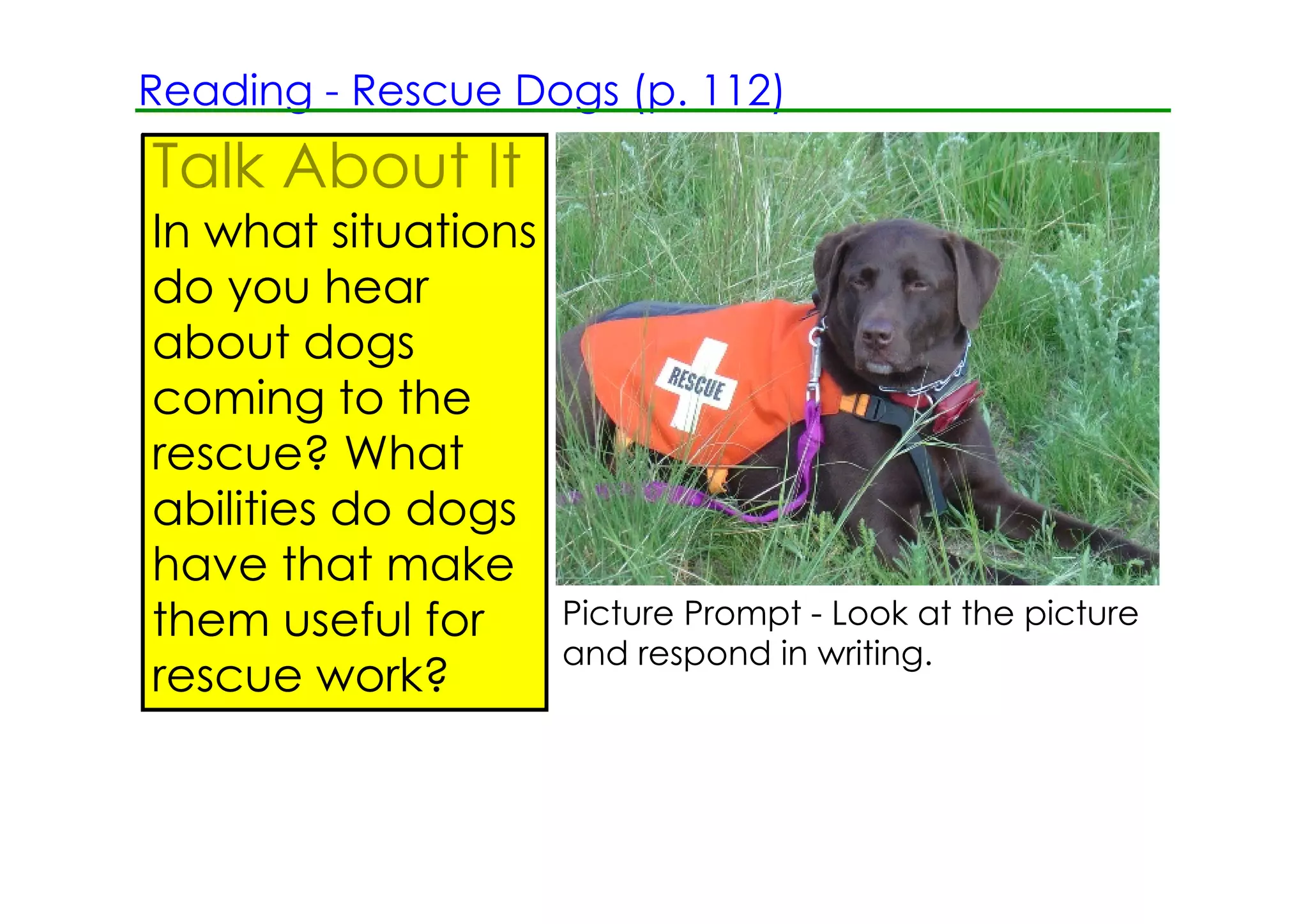 Reading ­ Rescue Dogs (p. 112)
Talk About It
In what situations
do you hear
about dogs
coming to the
rescue? What
abilities do dogs
have that make
them useful for      Picture Prompt ­ Look at the picture
                     and respond in writing.
rescue work?
 