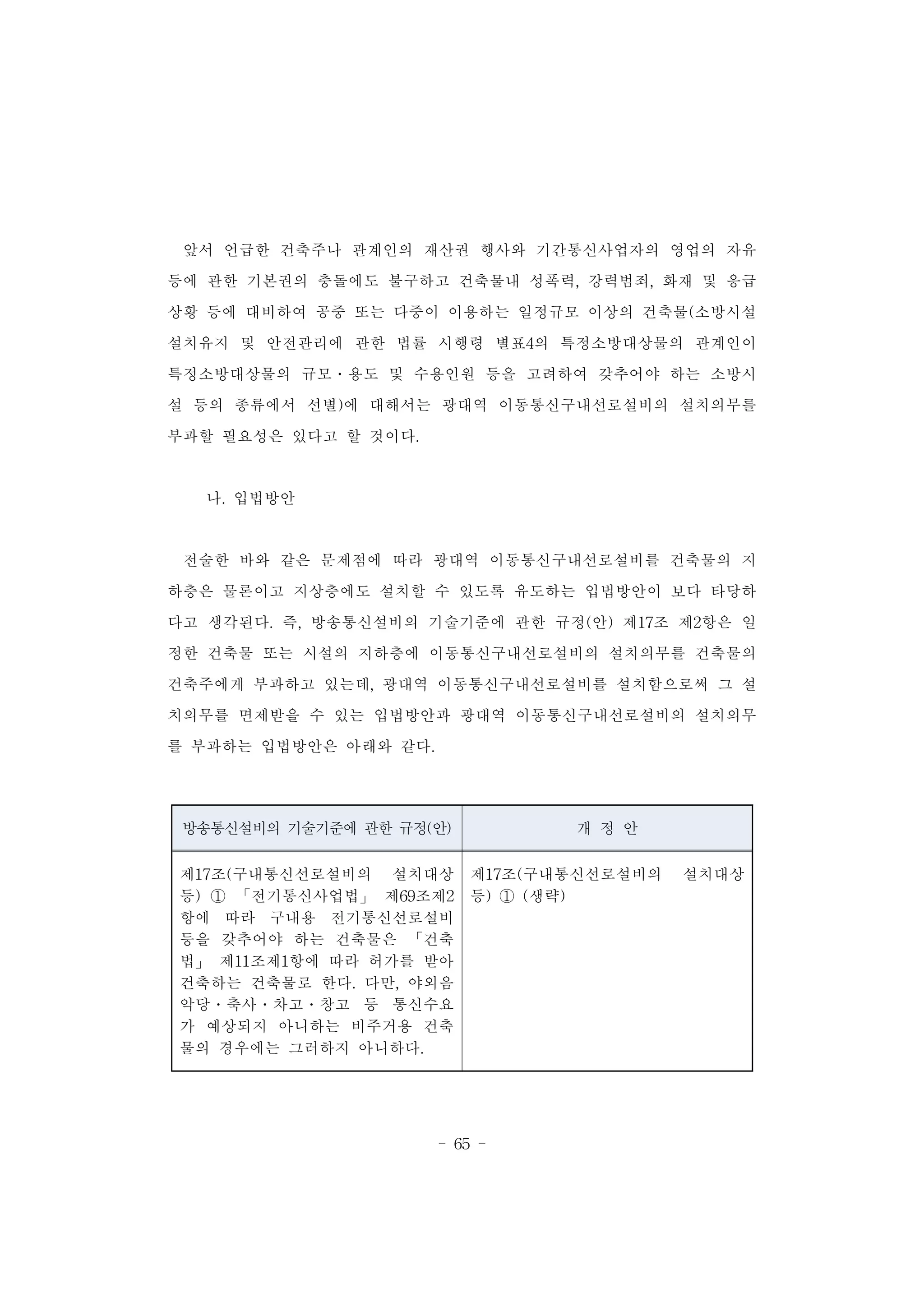 - 65 -
방송통신설비의 기술기준에 관한 규정(안) 개 정 안
제17조(구내통신선로설비의 설치대상
등) ① 「전기통신사업법」 제69조제2
항에 따라 구내용 전기통신선로설비
등을 갖추어야 하는 건축물은 「건축
법」 제11조제1항에 따라 허가를 받아
건축하는 건축물로 한다. 다만, 야외음
악당․축사․차고․창고 등 통신수요
가 예상되지 아니하는 비주거용 건축
물의 경우에는 그러하지 아니하다.
제17조(구내통신선로설비의 설치대상
등) ① (생략)
앞서 언급한 건축주나 관계인의 재산권 행사와 기간통신사업자의 영업의 자유
등에 관한 기본권의 충돌에도 불구하고 건축물내 성폭력, 강력범죄, 화재 및 응급
상황 등에 대비하여 공중 또는 다중이 이용하는 일정규모 이상의 건축물(소방시설
설치유지 및 안전관리에 관한 법률 시행령 별표4의 특정소방대상물의 관계인이
특정소방대상물의 규모․용도 및 수용인원 등을 고려하여 갖추어야 하는 소방시
설 등의 종류에서 선별)에 대해서는 광대역 이동통신구내선로설비의 설치의무를
부과할 필요성은 있다고 할 것이다.
나. 입법방안
전술한 바와 같은 문제점에 따라 광대역 이동통신구내선로설비를 건축물의 지
하층은 물론이고 지상층에도 설치할 수 있도록 유도하는 입법방안이 보다 타당하
다고 생각된다. 즉, 방송통신설비의 기술기준에 관한 규정(안) 제17조 제2항은 일
정한 건축물 또는 시설의 지하층에 이동통신구내선로설비의 설치의무를 건축물의
건축주에게 부과하고 있는데, 광대역 이동통신구내선로설비를 설치함으로써 그 설
치의무를 면제받을 수 있는 입법방안과 광대역 이동통신구내선로설비의 설치의무
를 부과하는 입법방안은 아래와 같다.
 