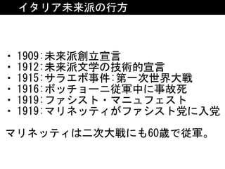 イタリア未来派の行方
• 1909:未来派創立宣言	
• 1912:未来派文学の技術的宣言	
• 1915:サラエボ事件:第一次世界大戦	
• 1916:ボッチョーニ従軍中に事故死	
• 1919:ファシスト・マニュフェスト	
• 1919:マリネッティがファシスト党に入党	
マリネッティは二次大戦にも60歳で従軍。
 