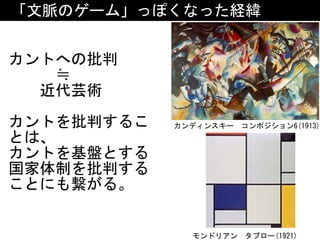 「文脈のゲーム」っぽくなった経緯
カントへの批判	
　　　≒	
　　近代芸術	
カントを批判するこ
とは、 
カントを基盤とする
国家体制を批判する 
ことにも繋がる。
モンドリアン　タブロー(1921)
カンディンスキー　コンポジション6(1913)
 