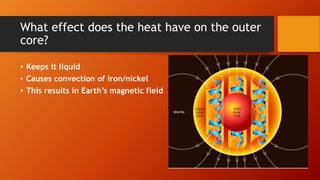 What effect does the heat have on the outer
core?
• Keeps it liquid
• Causes convection of iron/nickel
• This results in Earth’s magnetic field