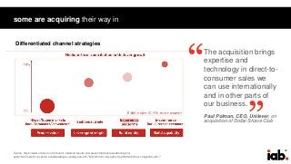 29
some are acquiring their way in
Source: https://www.unilever.com/investor-relations/results-and-presentations/presentations-and-
speeches/?search=investor+event&datetype=year&year=2017&monthfrom=1&yearfrom=2002&monthto=12&yearto=2017
The acquisition brings
expertise and
technology in direct-to-
consumer sales we
can use internationally
and in other parts of
our business.
Paul Polman, CEO, Unilever, on
acquisition of Dollar Shave Club
Differentiated channel strategies
“ “
 