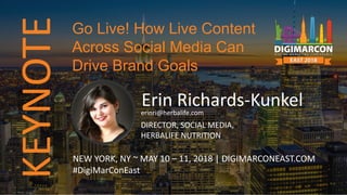 KEYNOTE
Erin Richards-Kunkelerinri@herbalife.com
DIRECTOR, SOCIAL MEDIA,
HERBALIFE NUTRITION
NEW YORK, NY ~ MAY 10 – 11, 2018 | DIGIMARCONEAST.COM
#DigiMarConEast
Go Live! How Live Content
Across Social Media Can
Drive Brand Goals
 