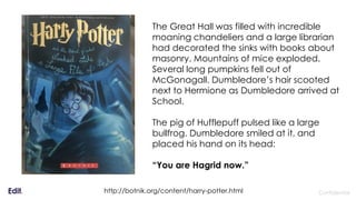 Confidential
The Great Hall was filled with incredible
moaning chandeliers and a large librarian
had decorated the sinks with books about
masonry. Mountains of mice exploded.
Several long pumpkins fell out of
McGonagall. Dumbledore’s hair scooted
next to Hermione as Dumbledore arrived at
School.
The pig of Hufflepuff pulsed like a large
bullfrog. Dumbledore smiled at it, and
placed his hand on its head:
“You are Hagrid now.”
http://botnik.org/content/harry-potter.html
 