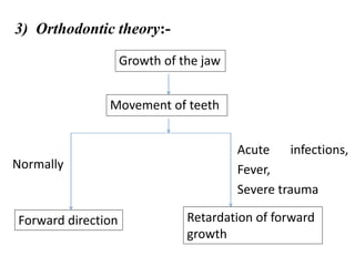 3) Orthodontic theory:-
Growth of the jaw
Movement of teeth
Forward direction
Acute infections,
Fever,
Severe trauma
Retardation of forward
growth
Normally
 