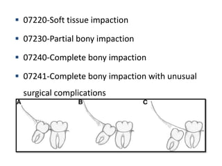  07220-Soft tissue impaction
 07230-Partial bony impaction
 07240-Complete bony impaction
 07241-Complete bony impaction with unusual
surgical complications
 