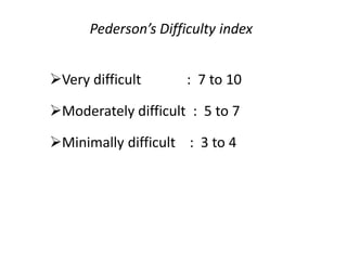 Pederson’s Difficulty index
Very difficult : 7 to 10
Moderately difficult : 5 to 7
Minimally difficult : 3 to 4
 