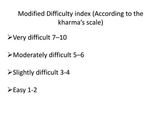 Modified Difficulty index (According to the
kharma’s scale)
Very difficult 7–10
Moderately difficult 5–6
Slightly difficult 3-4
Easy 1-2
 