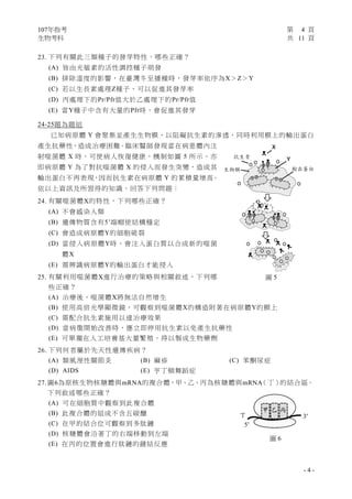 107年指考 第 4 頁
生物考科 共 11 頁
- 4 -
23. 下列有關此三類種子的發芽特性，哪些正確？
(A) 皆由光敏素的活性調控種子萌發
(B) 排除溫度的影響，在臺灣冬至播種時，發芽率依序為X＞Z＞Y
(C) 若以生長素處理Z種子，可以促進其發芽率
(D) 丙處理下的Pr/Pfr值大於乙處理下的Pr/Pfr值
(E) 當Y種子中含有大量的Pfr時，會促進其發芽
24-25題為題組
已知病原體 Y 會聚集並產生生物膜，以阻礙抗生素的滲透，同時利用膜上的輸出蛋白
產生抗藥性，造成治療困難。臨床醫師發現當在病患體內注
射噬菌體 X 時，可使病人恢復健康，機制如圖 5 所示，亦
即病原體 Y 為了對抗噬菌體 X 的侵入而發生突變，造成其
輸出蛋白不再表現，因而抗生素在病原體 Y 的累積量增高。
依以上資訊及所習得的知識，回答下列問題：
24. 有關噬菌體X的特性，下列哪些正確？
(A) 不會感染人類
(B) 遺傳物質含有5’端帽使結構穩定
(C) 會造成病原體Y的細胞破裂
(D) 當侵入病原體Y時，會注入蛋白質以合成新的噬菌
體X
(E) 需辨識病原體Y的輸出蛋白才能侵入
25. 有關利用噬菌體X進行治療的策略與相關敘述，下列哪
些正確？
(A) 治療後，噬菌體X將無法自然增生
(B) 使用高倍光學顯微鏡，可觀察到噬菌體X的構造附著在病原體Y的膜上
(C) 需配合抗生素施用以達治療效果
(D) 當病徵開始改善時，應立即停用抗生素以免產生抗藥性
(E) 可單獨在人工培養基大量繁殖，得以製成生物藥劑
26. 下列何者屬於先天性遺傳疾病？
(A) 類風溼性關節炎 (B) 麻疹 (C) 苯酮尿症
(D) AIDS (E) 亨丁頓舞蹈症
27. 圖6為原核生物核糖體與mRNA的複合體，甲、乙、丙為核糖體與mRNA（丁）的結合區。
下列敘述哪些正確？
(A) 可在細胞質中觀察到此複合體
(B) 此複合體的組成不含五碳醣
(C) 在甲的結合位可觀察到多肽鏈
(D) 核糖體會沿著丁的右端移動到左端
(E) 在丙的位置會進行肽鏈的鍵結反應
圖 6
甲 乙 丙
丁
5′
3′
圖 5
 