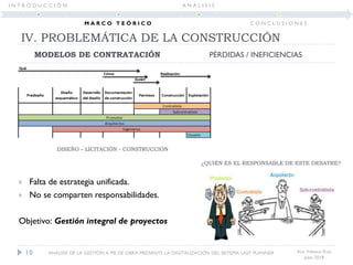 MODELOS DE CONTRATACIÓN
IV. PROBLEMÁTICA DE LA CONSTRUCCIÓN
Ana Velasco Ruiz
Julio 2018
 Falta de estrategia unificada.
 No se comparten responsabilidades.
Objetivo: Gestión integral de proyectos
DISEÑO – LICITACIÓN - CONSTRUCCIÓN
PÉRDIDAS / INEFICIENCIAS
10 ANÁLISIS DE LA GESTIÓN A PIE DE OBRA MEDIANTE LA DIGITALIZACIÓN DEL SISTEMA LAST PLANNER
I N T R O D U C C I Ó N
M A R C O T E Ó R I C O
A N Á L I S I S
C O N C L U S I O N E S
¿QUIÉN ES EL RESPONSABLE DE ESTE DESATRE?
 