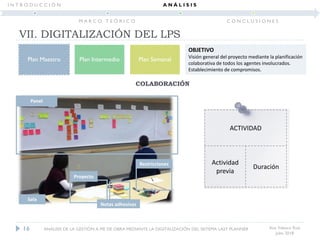 Ana Velasco Ruiz
Julio 2018
Plan Maestro Plan Intermedio Plan Semanal
Panel
Proyecto
Notas adhesivas
Restricciones
Sala
ACTIVIDAD
Actividad
previa
Duración
OBJETIVO
Visión general del proyecto mediante la planificación
colaborativa de todos los agentes involucrados.
Establecimiento de compromisos.
COLABORACIÓN
16
VII. DIGITALIZACIÓN DEL LPS
ANÁLISIS DE LA GESTIÓN A PIE DE OBRA MEDIANTE LA DIGITALIZACIÓN DEL SISTEMA LAST PLANNER
I N T R O D U C C I Ó N
M A R C O T E Ó R I C O
A N Á L I S I S
C O N C L U S I O N E S
 