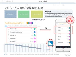 OBJETIVO
Visión general del proyecto mediante la planificación
colaborativa de todos los agentes involucrados.
Establecimiento de compromisos.
Ana Velasco Ruiz
Julio 2018
Plan Maestro Plan Intermedio Plan Semanal
17
COLABORACIÓN
VII. DIGITALIZACIÓN DEL LPS
ANÁLISIS DE LA GESTIÓN A PIE DE OBRA MEDIANTE LA DIGITALIZACIÓN DEL SISTEMA LAST PLANNER
I N T R O D U C C I Ó N
M A R C O T E Ó R I C O
A N Á L I S I S
C O N C L U S I O N E S
 