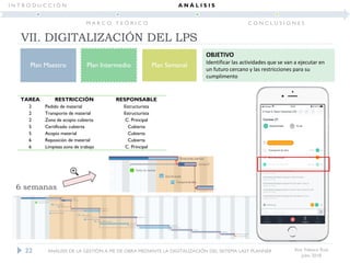 Ana Velasco Ruiz
Julio 2018
Plan Maestro Plan Intermedio Plan Semanal
OBJETIVO
Identificar las actividades que se van a ejecutar en
un futuro cercano y las restricciones para su
cumplimento
22
TAREA RESTRICCIÓN RESPONSABLE
2 Pedido de material Estructurista
2 Transporte de material Estructurista
2 Zona de acopio cubierta C. Principal
5 Certificado cubierta Cubierta
5 Acopio material Cubierta
6 Reposición de material Cubierta
6 Limpieza zona de trabajo C. Principal
6 semanas
VII. DIGITALIZACIÓN DEL LPS
ANÁLISIS DE LA GESTIÓN A PIE DE OBRA MEDIANTE LA DIGITALIZACIÓN DEL SISTEMA LAST PLANNER
I N T R O D U C C I Ó N
M A R C O T E Ó R I C O
A N Á L I S I S
C O N C L U S I O N E S
 