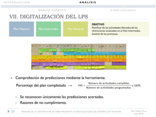 Ana Velasco Ruiz
Julio 2018
 Comprobación de predicciones mediante la herramienta:
Porcentaje del plan completado →
 Se reconocen únicamente las predicciones acertadas.
 Razones de no cumplimiento.
Plan Maestro Plan Intermedio Plan Semanal
OBJETIVO
Planificar de las actividades liberadas de las
restricciones analizadas en el Plan Intermedio.
Gestión de las promesas.
23
VII. DIGITALIZACIÓN DEL LPS
ANÁLISIS DE LA GESTIÓN A PIE DE OBRA MEDIANTE LA DIGITALIZACIÓN DEL SISTEMA LAST PLANNER
I N T R O D U C C I Ó N
M A R C O T E Ó R I C O
A N Á L I S I S
C O N C L U S I O N E S
 