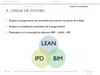  Emplear la programación de actividades para extraer los partes de trabajo.
 Analizar la actualización automática de la programación.
 Profundizar en la necesidad de relacionar BIM – LEAN – IPD.
X. LÍNEAS DE FUTURO
Ana Velasco Ruiz
Julio 2018
LEAN
BIMIPD
29 ANÁLISIS DE LA GESTIÓN A PIE DE OBRA MEDIANTE LA DIGITALIZACIÓN DEL SISTEMA LAST PLANNER
I N T R O D U C C I Ó N
M A R C O T E Ó R I C O
A N Á L I S I S
C O N C L U S I O N E S
 