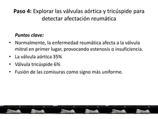 Paso 4: Explorar las válvulas aórtica y tricúspide para
detectar afectación reumática
Puntos clave:
• Normalmente, la enfermedad reumática afecta a la válvula
mitral en primer lugar, provocando estenosis o insuficiencia.
• La válvula aórtica 35%
• Válvula tricúspide 6%
• Fusión de las comisuras como signo más uniforme.
 