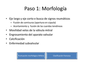 Paso 1: Morfología
• Eje largo y eje corto e busca de signos reumáticos
– Fusión de comisuras (apertura en cúpula)
– Acortamiento y fusión de las cuerdas tendíneas
• Movilidad velos de la válvula mitral
• Engrosamiento del aparato valvular
• Calcificación
• Enfermedad subvalvular
Puntuación morfológica Wilkins Clasificación francesa
 