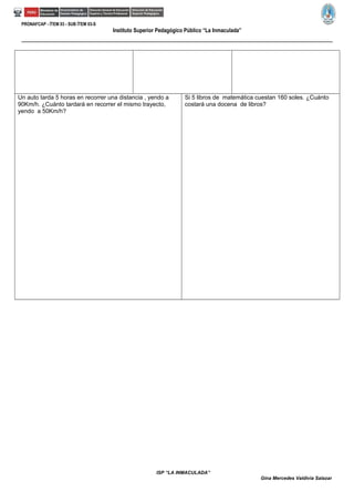 PRONAFCAP - ÍTEM 03 - SUB ÍTEM 03-S
Instituto Superior Pedagógico Público “La Inmaculada”
Un auto tarda 5 horas en recorrer una distancia , yendo a
90Km/h. ¿Cuánto tardará en recorrer el mismo trayecto,
yendo a 50Km/h?
Si 5 libros de matemática cuestan 160 soles. ¿Cuánto
costará una docena de libros?
ISP “LA INMACULADA”
Gina Mercedes Valdivia Salazar
 
