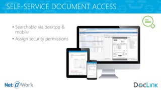 SELF-SERVICE DOCUMENT ACCESS
• Searchable via desktop &
mobile
• Assign security permissions
 