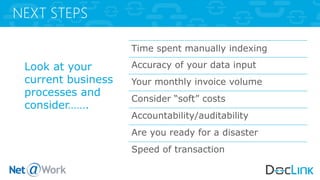 NEXT STEPS
Look at your
current business
processes and
consider…….
Time spent manually indexing
Accuracy of your data input
Your monthly invoice volume
Consider “soft” costs
Accountability/auditability
Are you ready for a disaster
Speed of transaction
 