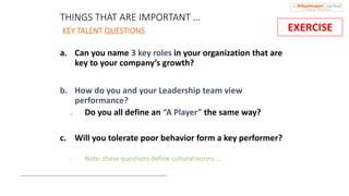 a. Can you name 3 key roles in your organization that are
key to your company’s growth?
b. How do you and your Leadership ...