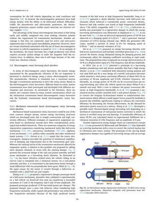 consumption for the full vehicle depending on road conditions and
objectives [28]. In General, the electromagnetic generators have high
energy density with the ability to be fabricated without diﬃculties.
Unlike the piezoelectric and electrostatic generators, the electro-
magnetic generators require neither smart materials nor external vol-
tage supplier [103].
One advantage of the linear electromagnetic harvesters is that being
easily and reliably integrated into most existing vibration systems
without the requirement for transmission mechanisms. Another ad-
vantage is that they are commonly used for active and semi-active
suspensions due to their good controllability properties. However, there
are certain drawbacks associated with the use of linear electromagnetic
harvesters in vehicle suspensions as stated in Table 2. As an example of
the drawbacks, the linear harvester has a high production cost which
requires accurate system design to make the magnetic hold the ex-
citation force. In addition, their size is still large because of the rela-
tively low vibration velocity.
3.2. Electromagnetic rotary harvesting shock absorbers
In terms of electromagnetic rotary harvesters, the kinetic energy
represented by the perpendicular vibration of the car suspension is
harvested to electrical energy using a rotary electromagnetic motor.
The perpendicular vibration is translated into a rotational motion
through a transmission mechanism to drive the rotary motor. Based on
the electromagnetic rotary harvesters, diﬀerent linear-to-rotary motion
transmissions have been prototyped and developed with diﬀerent me-
chanisms and structures. As mentioned in the literature, there are
mainly two common linear-to-rotary motion transmissions which are
the mechanical transmission based electromagnetic rotary harvesters
and the hydraulic transmission based electromagnetic rotary har-
vesters.
3.2.1. Mechanical transmission based electromagnetic rotary harvesting
shock absorbers
Mechanical based transmission rotary harvesters could be one of the
most common designs among various energy harvesting structures
which are developed early due to simple construction and high con-
version eﬃciency. Diﬀerent strategies of regenerative suspension sys-
tems based on mechanical concept have been conceptualized, proto-
typed and studied extensively. There are numerous categories of energy
regenerative suspensions considering mechanical styles like ball-screw
mechanism [104–106], rack-pinion mechanism [107,108], algebraic
screw mechanism [109], pullies-cables assembly and other mechanical
based systems [110]. Graves et al. [111] stated that the rotary elec-
tromagnetic dampers provided the potential of mechanical ampliﬁca-
tion of damping and regeneration due to the transmission gear ratio.
Whereas the rotating inertia of the transmission mechanism aﬀected the
suspension system, a solution to this problem was proposed by adding
extra dynamic elements in series with the rotating damper. Fig. 12
presents the structural design of the rack and pinion assembly and ball
screw mechanism as a harvesting shock absorber. As illustrated in
Fig. 12a, the linear vibration created when the vehicle rolling on an
uneven road is translated into a rotational motion via a rack-pinion
assembly and thus, it is transmitted to the generation motor through a
small diﬀerential with two perpendicular bevel gears. While in Fig. 12b,
the input torque for the motor is created through a ball-screw as-
sembled with a small ball nut and coupler.
Zhang et al. [113] proposed a regenerative damper prototype based
on a ball-screw mechanism, thereafter they validated it experimentally
on a full vehicle via Road-Lab four post rig considering a sinusoidal
excitation of 3 and 11 Hz frequency and 5 and 10 mm amplitude. The
proposed prototype produced 12 W harvested power per damper. The
proposed damper gave a poor ride behavior when considering high
frequencies excitation, while a good ride performance was achieved for
low frequencies excitation because of the high produced inertia
moment of the ball screw at high frequencies bandwidth. Song et al.
[114,115] patented a shock absorber harvester with ball-screw me-
chanisms which achieved a considerable power conversion density,
however bad ride comfort was found at high frequencies bandwidth
above 7 Hz which compatible with [113]. In [116], a ball-screw as-
sembly was prototyped in a regenerative damper in which the energy
harvesting performances was illustrated as displayed in Fig. 13. It can
be seen from Fig. 13c that an electrical regenerated power of 107 W was
observed at a damping speed of 0.22 m s−1
and a generator internal
resistance of 5.93 Ω during rebound case. While the generation eﬃ-
ciency reached a percent of about 21.3% for damping speed of
0.09 ms−1
and an internal resistance of 5 Ω.
Xie et al. [117,118] proposed an energy harvesting absorber with
ball-screw transmissions and multiple controlled generators (Fig. 14) to
recover the kinetic energy dissipated during the damping process and
continuously adjust the damping coeﬃcient according to road condi-
tions. The proposed harvester recaptured an average electrical power of
32 W at a displacement input of a 3 Hz frequency and 20 mm amplitude.
In 2010, Zuo at al. [119] patented a prototype of a harvesting
damper considering rack and pinion assembly that had a high energy
density. Li et al. [120] conducted both laboratory testing analysis and
real road ﬁeld test for a new design of a retroﬁt rack-pinion harvester
which attained a total power conversion eﬃciency of about 56% for an
excitation of 30 mm amplitude and 0.5 Hz vibration frequency. Ad-
ditionally, an average power of 19.2 W can be recovered from one en-
ergy-harvesting unit when the vehicle speed was about 48 km/h on a
smooth real road. With a view to enhance the power conversion eﬃ-
ciency at high frequencies bandwidth, Li et al. [95] proposed a me-
chanical motion rectiﬁer attached with a rack-pinion damper (Fig. 15)
to convert the irregular bi-directional motion to unidirectional rota-
tional motion which oﬀered a small impact forces caused by backlash to
promote the reliability signiﬁcantly leading to enhance the conversion
eﬃciency by decreasing the friction eﬀectiveness. As the demand for
alternative power sources of a railway, Zhang et al. [121] developed a
portable track vibration-based energy harvesting unit depending on a
mechanical transmission of rack-pinion motion converter in which the
motion is rectiﬁed using one-way bearings. A considerable eﬃciency of
about 55.5% was calculated based on experimental fulﬁllment for a
vibration excitation of 2 Hz frequency and an amplitude of 6 mm.
Another regenerative energy damper based on a mechanical concept
(Fig. 16) was presented by Maravandi and Moallem [50] that depended
on a two-leg mechanism with a view to convert the vertical motion due
to vibrations into rotary motion. The prototype of the two-leg based
regenerative damper was capable of recovering energy with an average
Fig. 12. (a) Rack-pinion energy regeneration mechanism, (b) Ball-screw energy
regeneration mechanism. [Reprinted (adapted) with permission from Ref.
[112] Copyright (2016) Elsevier].
M.A.A. Abdelkareem et al. Applied Energy 229 (2018) 672–699
681
 