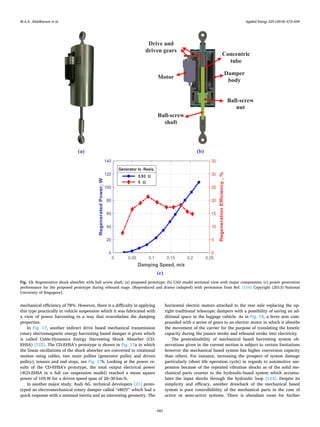 mechanical eﬃciency of 78%. However, there is a diﬃculty in applying
this type practically in vehicle suspension which it was fabricated with
a view of power harvesting in a way that overwhelms the damping
properties.
In Fig. 17, another indirect drive based mechanical transmission
rotary electromagnetic energy harvesting based damper is given which
is called Cable-Dynamics Energy Harvesting Shock Absorber (CD-
EHSA) [122]. The CD-EHSA’s prototype is shown in Fig. 17a in which
the linear oscillations of the shock absorber are converted to rotational
motion using cables, two main pullies (generator pulley and driven
pulley), tensors and end stops, see Fig. 17b. Looking at the power re-
sults of the CD-EHSA’s prototype, the total output electrical power
(4CD-EHSA in a full car suspension model) reached a mean square
power of 105 W for a driven speed span of 20–30 km/h.
In another major study, Audi AG. technical developers [21] proto-
typed an electromechanical rotary damper called “eROT” which had a
quick response with a minimal inertia and an interesting geometry. The
horizontal electric motors attached to the rear axle replacing the up-
right traditional telescopic dampers with a possibility of saving an ad-
ditional space in the luggage cubicle. As in Fig. 18, a lever arm com-
pounded with a series of gears to an electric motor in which it absorbs
the movement of the carrier for the purpose of translating the kinetic
capacity during the jounce stroke and rebound stroke into electricity.
The generalizability of mechanical based harvesting system ob-
servations given in the current section is subject to certain limitations
however the mechanical based system has higher conversion capacity
than others. For instance, increasing the prospect of system damage
particularly (short life operation cycle) in regards to automotive sus-
pension because of the repeated vibration shocks as of the solid me-
chanical parts counter to the hydraulic-based system which accumu-
lates the input shocks through the hydraulic loop [123]. Despite its
simplicity and eﬃcacy, another drawback of the mechanical based
system is poor controllability of the mechanical parts in the case of
active or semi-active systems. There is abundant room for further
(b)(a)
(c)
Motor
Ball-screw
shaft
Ball-screw
nut
Damper
body
Drive and
driven gears
Concentric
tube
Fig. 13. Regenerative shock absorber with ball screw shaft; (a) proposed prototype; (b) CAD model sectional view with major components; (c) power generation
performance for the proposed prototype during rebound stage. [Reproduced and drawn (adapted) with permission from Ref. [116] Copyright (2013) National
University of Singapore].
M.A.A. Abdelkareem et al. Applied Energy 229 (2018) 672–699
682
 