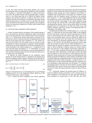 as well. The earliest harvester based shock absorber with a linear
electromagnetic motor was proposed and validated by Suda and Shiiba
[58], Karnopp [59] and Fodor and Redﬁeld [60]. Based on the litera-
ture survey, the potential energy of the harvestable power is summar-
ized in a very broad range from 46 to 7500 W for diﬀerent vehicle
categories and operation conditions. It might be that there are dis-
crepancies between the laboratory and theoretical harvested energy
results and the results for a real drive cycle on a real ﬁeld. This may be
due to the diﬀerences between the testing conditions and assumptions
and the real operational conditions for a vehicle under normal driving
conditions [61,62].
2.1. How much energy is dissipated in vehicle suspension?
In terms of ground vehicles, the majority of the produced energy is
lost in the powertrain operations including the engine and drivetrain
and overcoming resistances such as rolling resistance and aerodynamic
drag [63–65]. Reducing the vehicle energy losses is necessary for im-
proving fuel economy, reducing emissions, and supplying other systems
with the saved energy like active suspension [66]. The vehicle con-
sumes about 20–30% of the fuel energy in the car moving on roads.
Considering the vehicle energy balance, suspension energy dissipation
regrettably is not clearly quantiﬁed out of the fuel consumption, but it
is only considered in the rolling resistance (Fig. 5) ranging from 3 to
12% of the fuel energy consumption [67–70]. Nevertheless, in a world
where energy becomes rare and expensive, even the small quantities of
such otherwise dissipated energy are worth of being harvested such as
the energy lost in car suspension.
To calculate the power dissipation by the traditional viscous
damper, the instant potential power is calculated as the damping force
times the suspension relative velocity. Therefore, the instant and the
average power dissipation are deﬁned as appended below according to
Ref. [71]:
= ∗ − = ∗ −P (t) F (Ż (t) Ż (t)) C (Ż (t) Ż (t))i d s u s u
2
(1)
∑= ∗
⎛
⎝
⎜ ∗ −
⎞
⎠
⎟
=
P C
1
n
(Ż (t) Ż (t))avg
ii 1
n
s u
2
(2)
where Pi is the instant power, Fd is the damping force, C is the damping
coeﬃcient and −(Ż Ż )s u is the suspension velocity. While Pavg is the
average potential power value per damper.
Table 1 surveys the power dissipation from vehicle suspension
accounting the theoretical and experimental conducted investigations.
Notably, it is observed from the literature that the area of measuring the
dissipated energy through the vehicle suspension need further in-
vestigations and a typical data for a passenger car is needed in corre-
spondence with the dissipated energy. According to the predicted
power results in [72], the energy dissipation from the vehicle damper
was predicted for various road proﬁles and vehicle velocities. Under
city driving velocities, each damper in the vehicle dissipated energy
with an average rate of 20 W while a 35 W under highway velocities
was dissipated per absorber. Thus, as for the whole vehicle, the average
dissipated power was predicted to be 80 W and 140 W at city and
highway velocities, respectively, because of the high-speed eﬀect cor-
responding to the highway roads.
Considering the on-ﬁeld test for a middle-sized car (Fig. 6), Zuo and
Zhang [18] stated that the root mean square (RMS) of the dissipated
power for one damper was 5 W for a class B road (good road), 15 W for
a class C road (average road) and 37 W for class D (poor road). In ad-
dition, more harvestable power could be collected for diﬀerent tire
stiﬀness at the expense of the ride comfort and road handling. In the
same investigation, the theoretical potential power of a typical pas-
senger car was between 100 and 400 W for good and average roads
when the car speed was about 97 km/h. While, Khoshnoud et al. [73]
indicated that the theoretical maximum recovered power at a sweep
input of 20 Hz considering 3 diﬀerent quarter car models (bounce,
pitch, and roll) were 1.1 kW, 0.88 kW, and 0.97 kW, respectively. In
Ref. [74], the authors calculated theoretically the dissipated power in
the suspension system depending on 2-DOF quarter model and 4-DOF
half car model for a sine wave input of 10 Hz frequency and 5 mm
amplitude. Results showed that the energy harvesting potentiality per
damper increased from 280 W for a quarter model to be 305 W for a half
car model. Despite the considerable number of conducted studies in the
dissipated power based vehicle suspension, a measured data for a ty-
pical passenger car were not found considering the four suspension sets.
In an interesting on-ﬁeld based study, Zuo and Zhang [18] measured
the dissipated power of the left rear shock absorber mounted in Miles
ZX40S (2007) with a speed of 40 km/h on-campus road of Stony Brook
University in which the study showed that a power of about 15 W per
damper.
Fig. 7 extensively compares the potential power for diﬀerent ve-
hicles over diﬀerent driving circumstances. As for a driving velocity of
30 m/s (108 km/h or 67.1 mph), the car, bus, truck and oﬀ-road ve-
hicles dissipated an average power of 108, 559, 892, and 192 W,
Fuel Energy
Supplying
100 %
Exhaust
33%
Cooling
29%
Mechanical
Power
38%
Friction
Losses
33%
Air Drag 5%
Rolling Resis
11.5%
Air Drag 5%
Brakes 5%
Transmission 5%
Engine 11.5%
Energy used to
move the car
21.5%
Thermodynamic
Losses
Total Energy
Losses
Fig. 5. Vehicle energy losses. [Reproduced and Reprinted (adapted) with permission from Ref. [67] Copyright (2012) Nature].
M.A.A. Abdelkareem et al. Applied Energy 229 (2018) 672–699
675
 