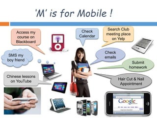 ‘M’ is for Mobile !
Access my
course on
Blackboard
Check
emailsSMS my
boy friend
Chinese lessons
on YouTube
Search Club
meeting place
on Yelp
Submit
homework
Hair Cut & Nail
Appointment
Check
Calendar
 