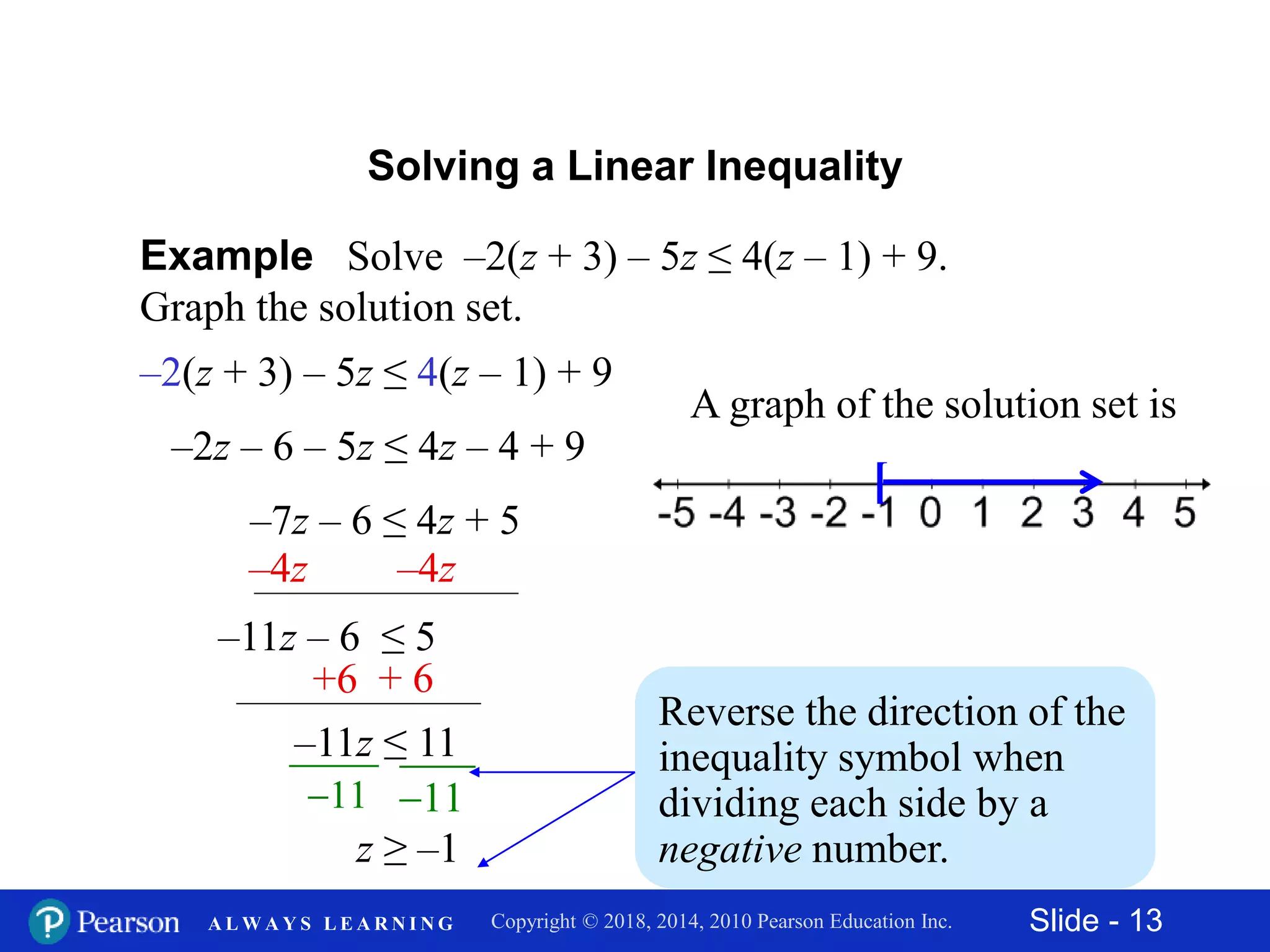 Slide - 13Copyright © 2018, 2014, 2010 Pearson Education Inc.A L W A Y S L E A R N I N G
Reverse the direction of the
inequality symbol when
dividing each side by a
negative number.
Example Solve –2(z + 3) – 5z ≤ 4(z – 1) + 9.
Graph the solution set.
–2(z + 3) – 5z ≤ 4(z – 1) + 9
–11z – 6 ≤ 5
–11z ≤ 11
–4z –4z
+6 + 6
A graph of the solution set is
Solving a Linear Inequality
–2z – 6 – 5z ≤ 4z – 4 + 9
–7z – 6 ≤ 4z + 5
11 11
z ≥ –1
[
 