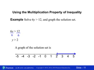 Slide - 11Copyright © 2018, 2014, 2010 Pearson Education Inc.A L W A Y S L E A R N I N G
Example Solve 6y > 12, and graph the solution set.
6y > 12
y > 2
Using the Mulitiplication Property of Inequality
A graph of the solution set is
6 6
(
 