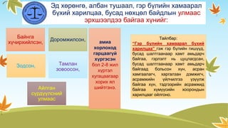 Эд хөрөнгө, албан тушаал, гэр бүлийн хамаарал
бүхий харилцаа, бусад нөхцөл байдлын улмаас
эрхшээлдээ байгаа хүнийг:
Байнга
хүчирхийлсэн,
Доромжилсон,
Зодсон, Тамлан
зовоосон,
Айлган
сүрдүүлсний
улмаас
амиа
хорлоход
гарцаагүй
хүргэсэн
бол 2-8 жил
хүртэл
хугацаагаар
хорих ял
шийтгэнэ.
Тайлбар:
“Гэр бүлийн хамаарал бүхий
харилцаа” гэж гэр бүлийн гишүүд,
бусад шалтгаанаар хамт амьдарч
байгаа, гэрлэлт нь цуцлагдсан,
бусад шалтгаанаар хамт амьдарч
байгаад больсон хүн, асран
хамгаалагч, харгалзан дэмжигч,
асрамжийн үйлчилгээ үзүүлж
байгаа хүн, тэдгээрийн асрамжид
байгаа хүмүүсийн хоорондын
харилцааг ойлгоно.
 