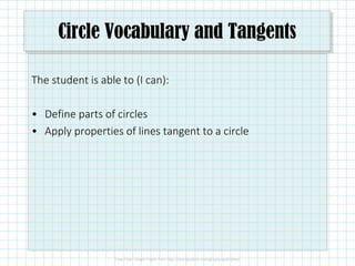 Circle Vocabulary and Tangents
The student is able to (I can):
• Define parts of circles
• Apply properties of lines tangent to a circle
 