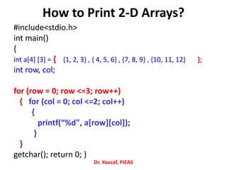 #include<stdio.h>
int main()
{
int a[4] [3] = { {1, 2, 3} , { 4, 5, 6} , {7, 8, 9} , {10, 11, 12} };
int row, col;
for (row = 0; row <=3; row++)
{ for (col = 0; col <=2; col++)
{
printf(“%d", a[row][col]);
}
}
getchar(); return 0; }
Dr. Yousaf, PIEAS
How to Print 2-D Arrays?
 