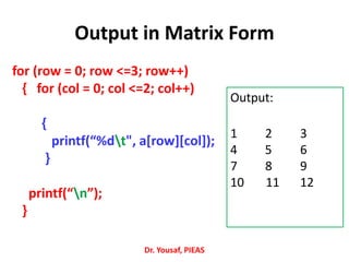 for (row = 0; row <=3; row++)
{ for (col = 0; col <=2; col++)
{
printf(“%dt", a[row][col]);
}
printf(“n”);
}
Dr. Yousaf, PIEAS
Output in Matrix Form
Output:
1 2 3
4 5 6
7 8 9
10 11 12
 