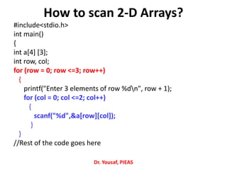 #include<stdio.h>
int main()
{
int a[4] [3];
int row, col;
for (row = 0; row <=3; row++)
{
printf("Enter 3 elements of row %dn", row + 1);
for (col = 0; col <=2; col++)
{
scanf("%d",&a[row][col]);
}
}
//Rest of the code goes here
Dr. Yousaf, PIEAS
How to scan 2-D Arrays?
 