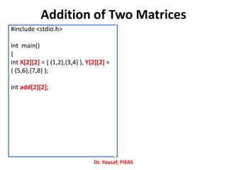 Addition of Two Matrices
#include <stdio.h>
int main()
{
int X[2][2] = { {1,2},{3,4} }, Y[2][2] =
{ {5,6},{7,8} };
int add[2][2];
Dr. Yousaf, PIEAS
 