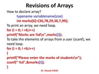 Revisions of Arrays
Dr. Yousaf, PIEAS
How to declare array?
typename variablename[size]
int marks[6]={36,78,29,36,7,99};
To print an array, we need loop.
for (i = 0; i <6;i++)
printf("Marks are %dn",marks[i]);
To take the elements of arrays from a user (scanf), we
need loop.
for (i = 0; i <6;i++)
{
printf(“Please enter the marks of studentsn”);
scanf(“ %d",&marks[i]);
}
 