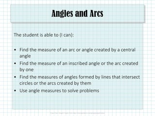 Angles and Arcs
The student is able to (I can):
• Find the measure of an arc or angle created by a central
angle
• Find the measure of an inscribed angle or the arc created
by one
• Find the measures of angles formed by lines that intersect
circles or the arcs created by them
• Use angle measures to solve problems
 